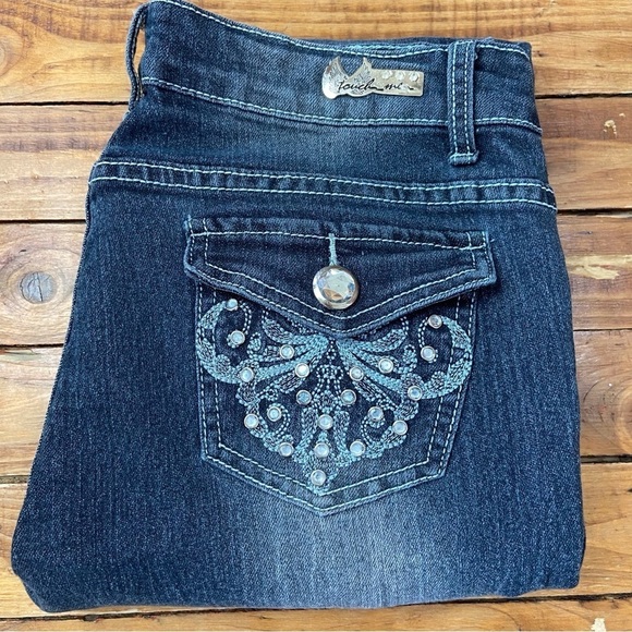 TOUCH Me jeans crystal embellishments flap pockets low rise ripped size 11-12 - Picture 5 of 14